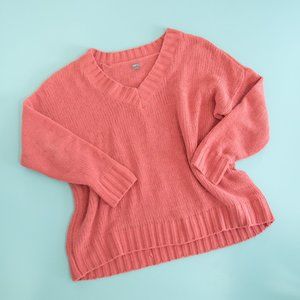 Aerie Pink Chunky Knit Chenille V-Neck Sweater